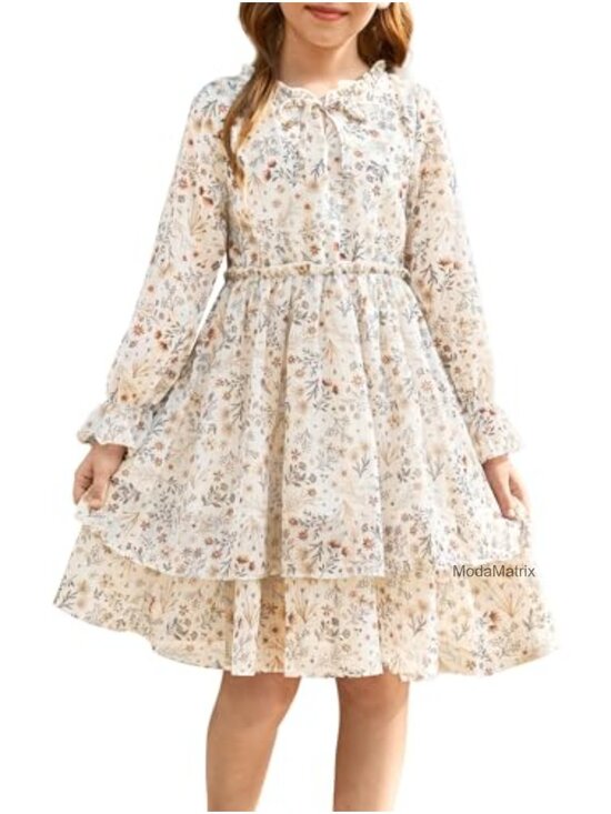 Other - Girls Floral A-Line Midi Dress Long Sleeve Smocked Waist Formal Party